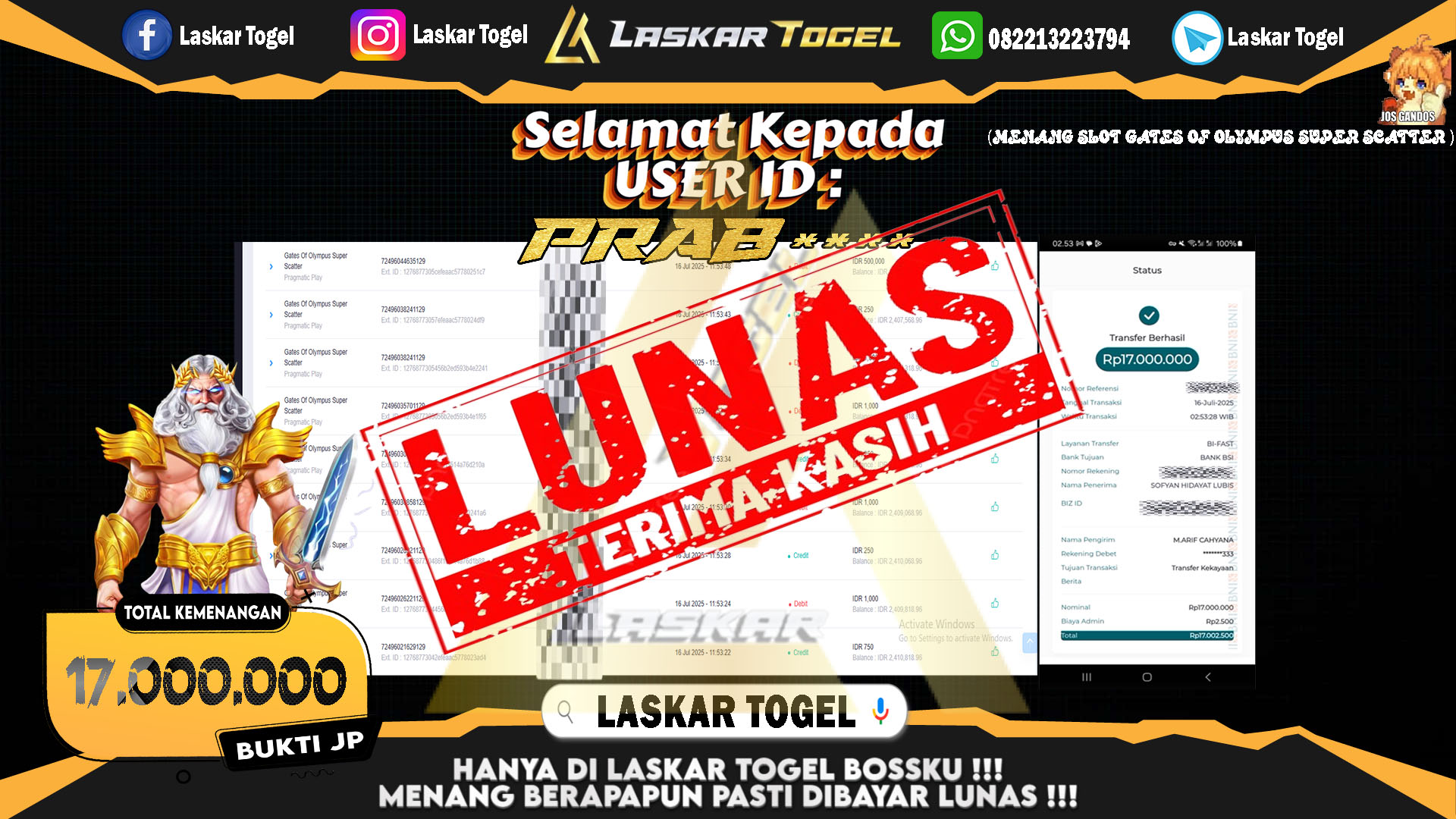 LASKARTOGEL JACKPOT SLOT GATES OF OLYMPUS SUPER SCATTER Rp.17.000.000.,- LUNAS